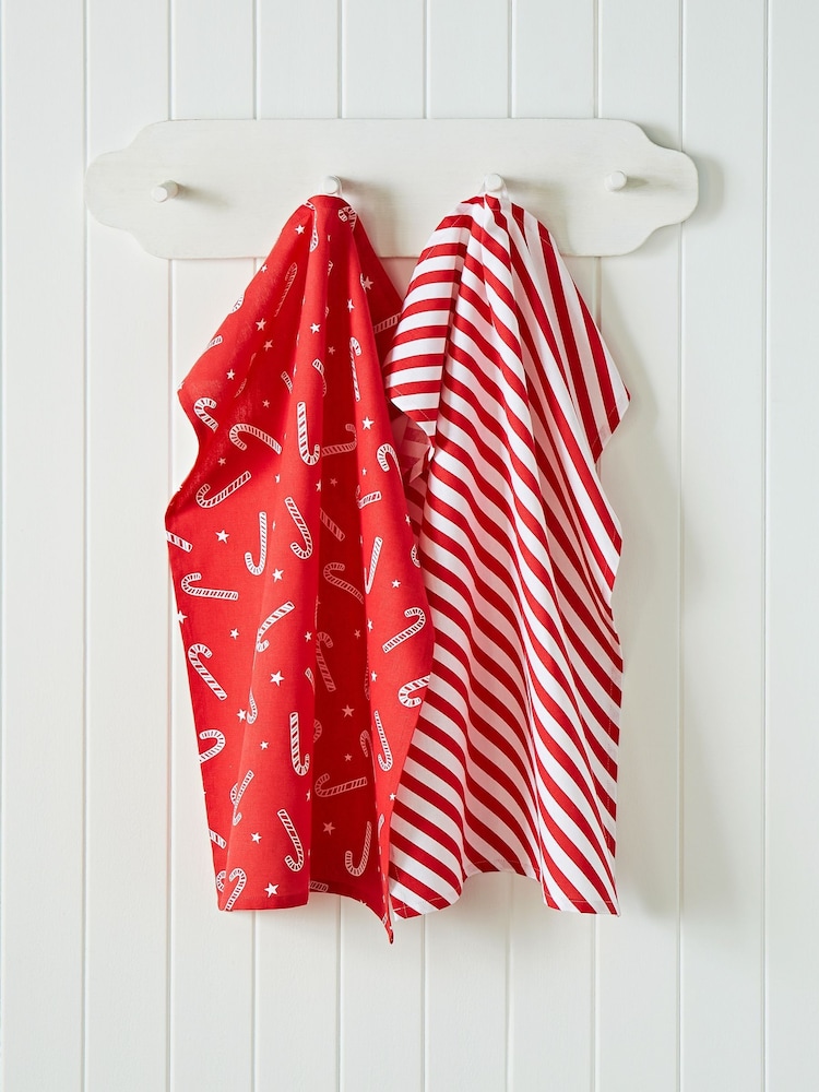 Catherine Lansfield 4 Pack Red Christmas Candy Cane 100% Cotton Tea Towels - Image 2 of 3