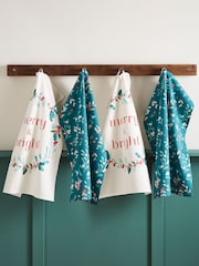 Catherine Lansfield 4 Pack Green Christmas Holly & Mistletoe 100% Cotton Tea Towels - Image 1 of 2