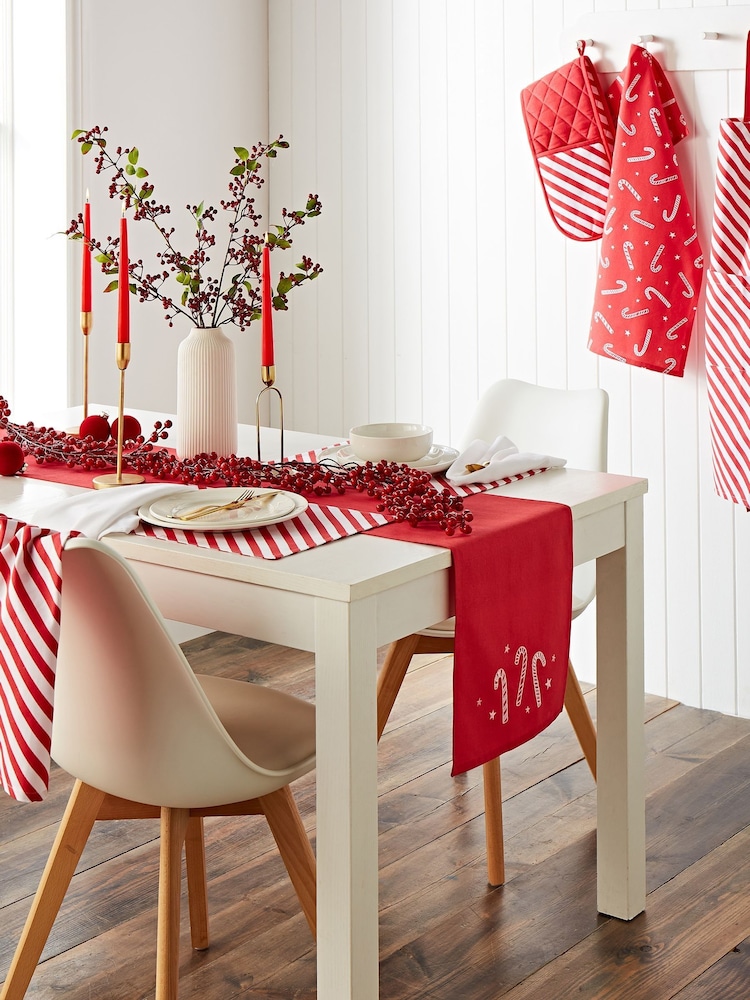Catherine Lansfield Red Christmas Candy Cane 100% Cotton Table Runner - Image 1 of 2