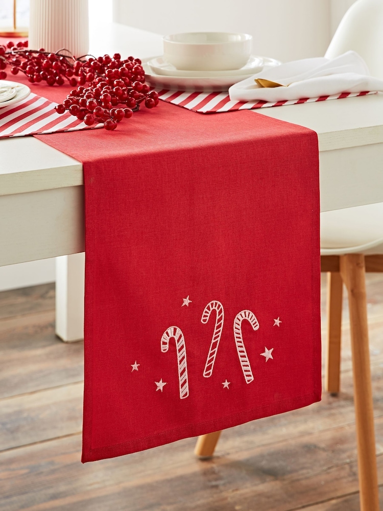 Catherine Lansfield Red Christmas Candy Cane 100% Cotton Table Runner - Image 2 of 2
