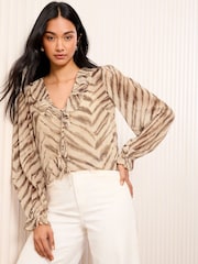 Friends Like These Animal Print Long Sleeve Ruffle Front Tie Blouse - Image 2 of 5