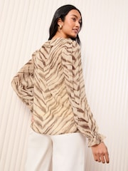 Friends Like These Animal Print Long Sleeve Ruffle Front Tie Blouse - Image 4 of 5