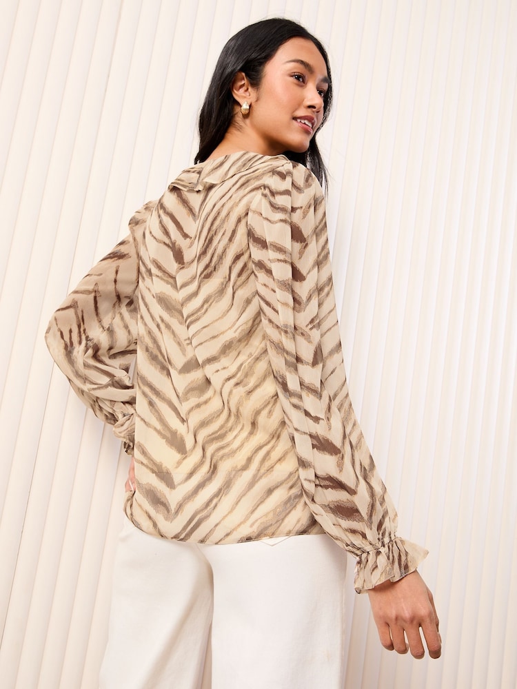 Friends Like These Animal Print Long Sleeve Ruffle Front Tie Blouse - Image 4 of 5