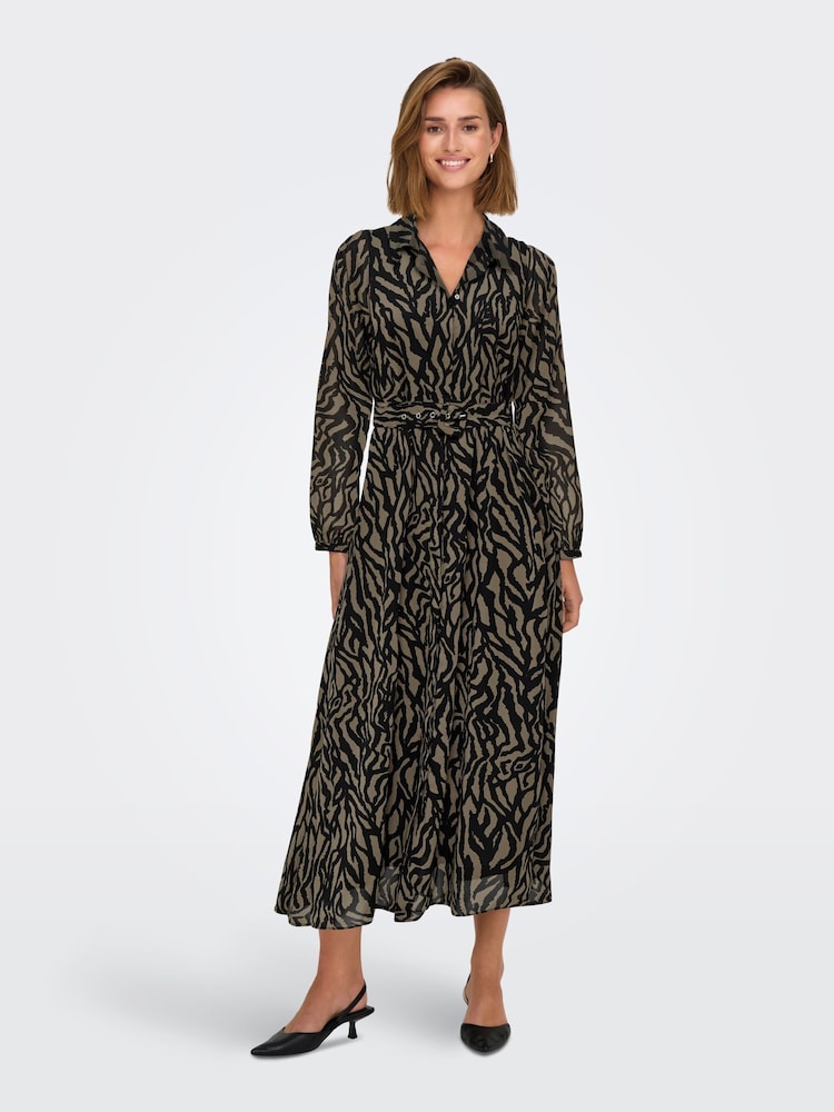 ONLY Black Long Sleeve Animal Print Belted Midaxi Shirt Dress - Image 1 of 4