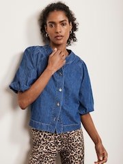 Mint Velvet Blue Puff Sleeve Denim Top - Image 1 of 4