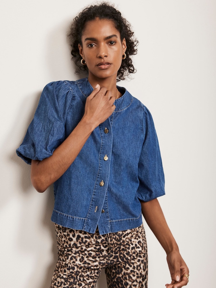 Mint Velvet Blue Puff Sleeve Denim Top - Image 1 of 4 Mint Velvet Blue Puff Sleeve Denim Top - Image 1 of 4