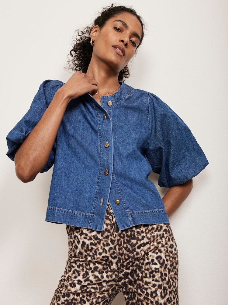 Mint Velvet Blue Puff Sleeve Denim Top - Image 2 of 4 Mint Velvet Blue Puff Sleeve Denim Top - Image 2 of 4