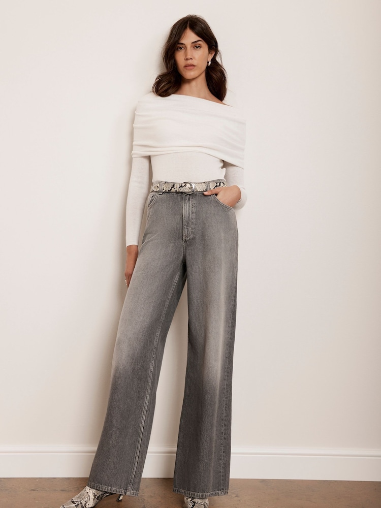 Mint Velvet Grey Washed Wide Leg 100% Cotton Jeans - Image 1 of 4 Mint Velvet Grey Washed Wide Leg 100% Cotton Jeans - Image 1 of 4