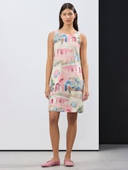 Cream Rosa og Blå Hus Print - Scoop Back Mini Shift Dress With Linen - Image 1 of 7
