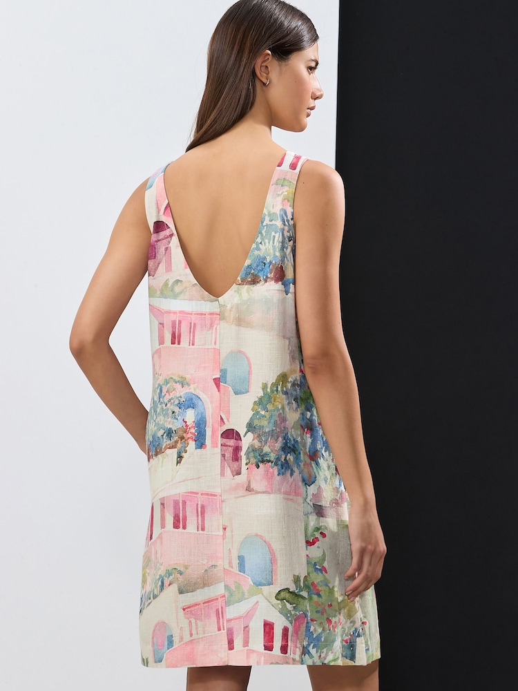 Cream Rosa og Blå Hus Print - Scoop Back Mini Shift Dress With Linen - Image 2 of 7