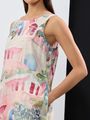 Cream Rosa og Blå Hus Print - Scoop Back Mini Shift Dress With Linen - Image 4 of 7