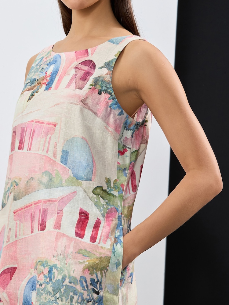 Cream Rosa og Blå Hus Print - Scoop Back Mini Shift Dress With Linen - Image 4 of 7
