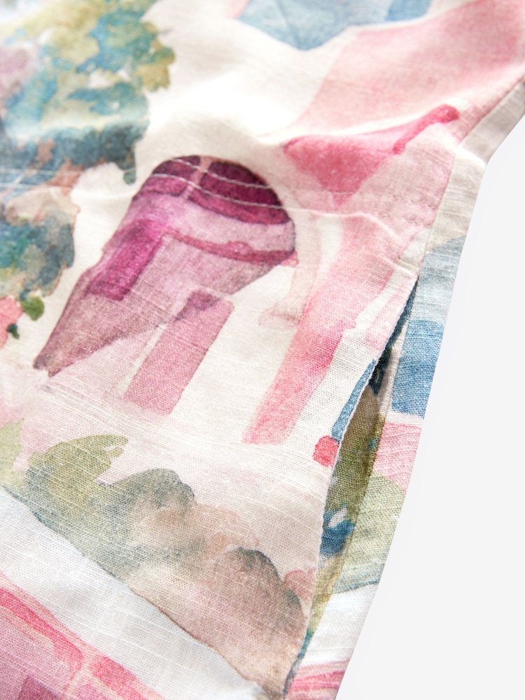 Cream Rosa og Blå Hus Print - Scoop Back Mini Shift Dress With Linen - Image 6 of 7