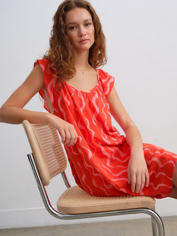 Red/Pink Wiggle Stripes V-Neck Ruffle Sleeve Mini Dress with Linen - Image 1 of 8