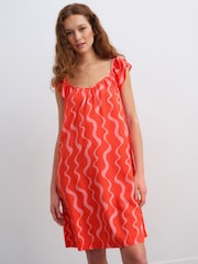 Red/Pink Wiggle Stripes V-Neck Ruffle Sleeve Mini Dress with Linen - Image 3 of 8