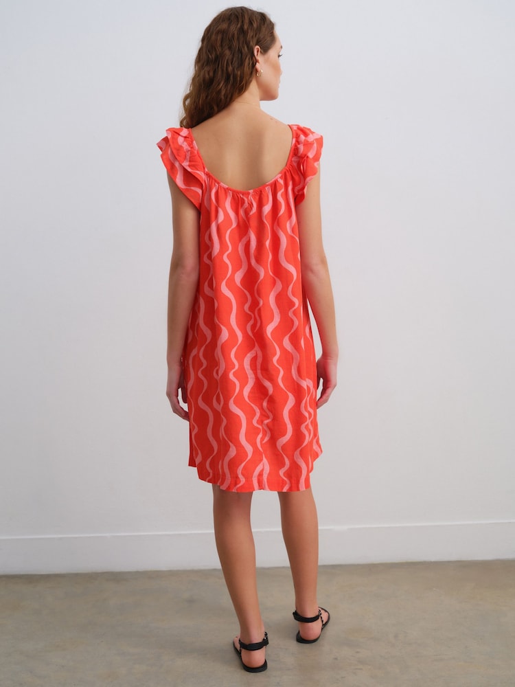 Red/Pink Wiggle Stripes V-Neck Ruffle Sleeve Mini Dress with Linen - Image 4 of 8