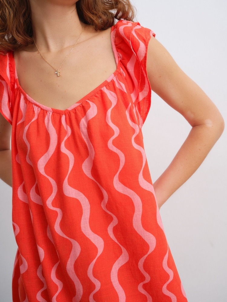 Red/Pink Wiggle Stripes V-Neck Ruffle Sleeve Mini Dress with Linen - Image 5 of 8
