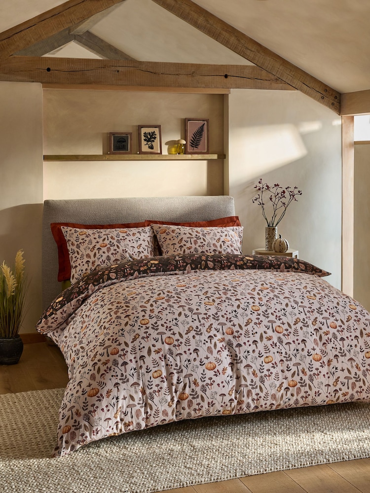 Natural Autumn Pumpkin Reversible Duvet Cover and Pillowcase Set - Image 2 of 9