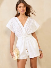 Lipsy White 100% Cotton Short Sleeve Trim Detail Kimono Playsuit - Image 1 of 4