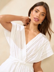 Lipsy White 100% Cotton Short Sleeve Trim Detail Kimono Playsuit - Image 2 of 4