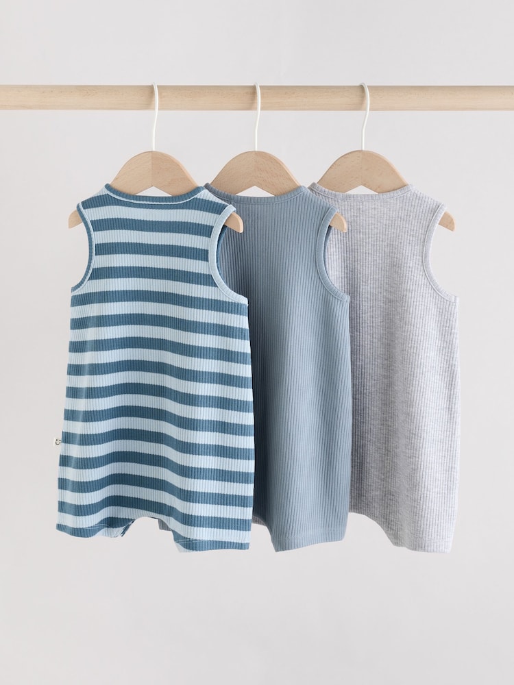 Blue/Grey Baby 100% Cotton Vest Rompers 3 Pack - Image 5 of 11