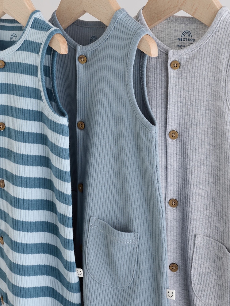 Blue/Grey Baby 100% Cotton Vest Rompers 3 Pack - Image 7 of 11