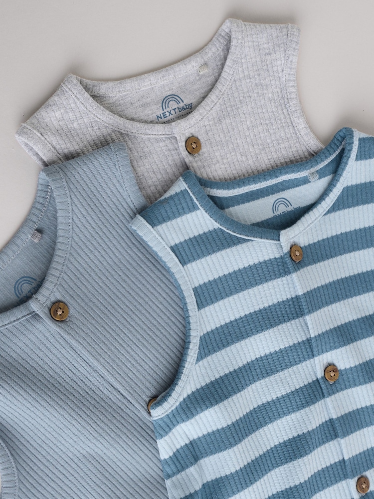 Blue/Grey Baby 100% Cotton Vest Rompers 3 Pack - Image 9 of 11
