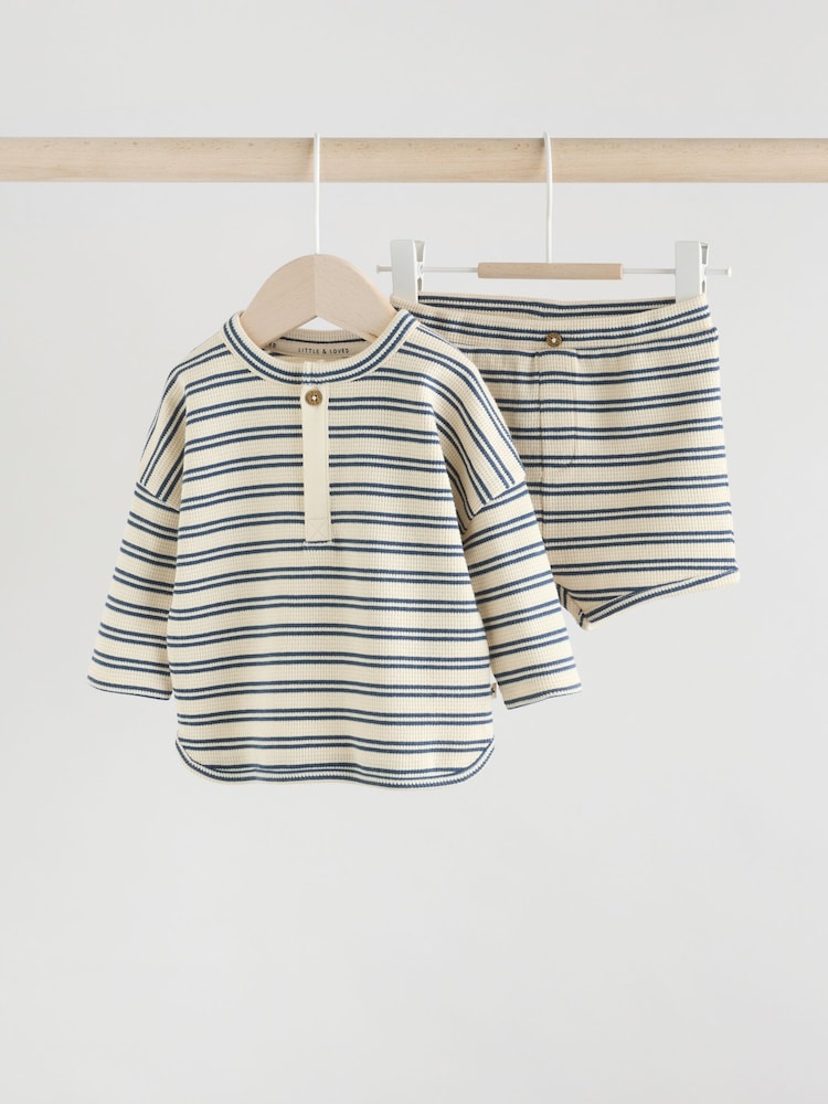 Blue/Cream Stripe Baby Top and Shorts Set - Image 1 of 11
