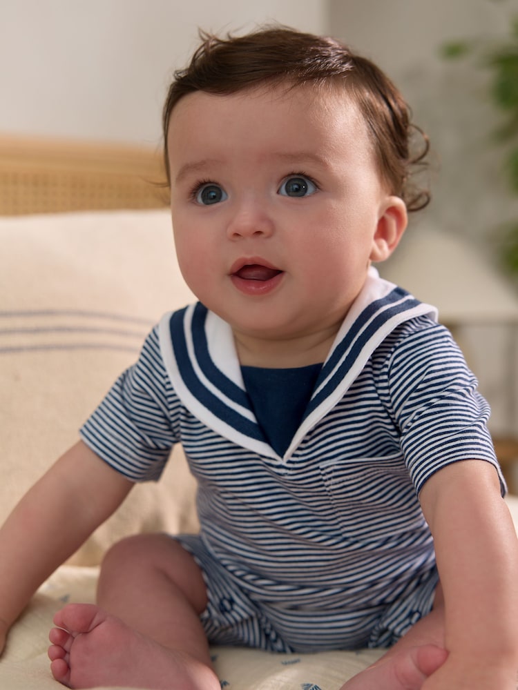 Navy/White Textured Baby Rompers 2 Pack - Image 11 of 13