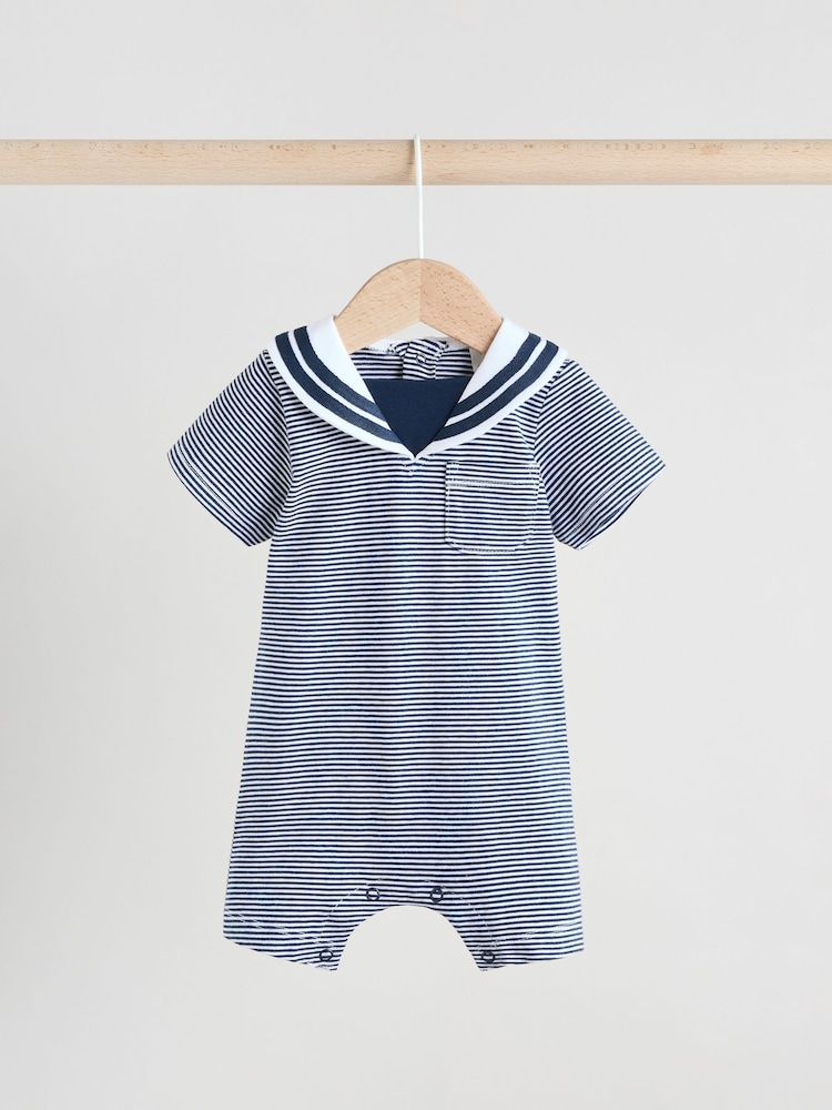 Navy/White Textured Baby Rompers 2 Pack - Image 4 of 13