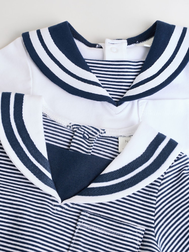 Navy/White Textured Baby Rompers 2 Pack - Image 6 of 13