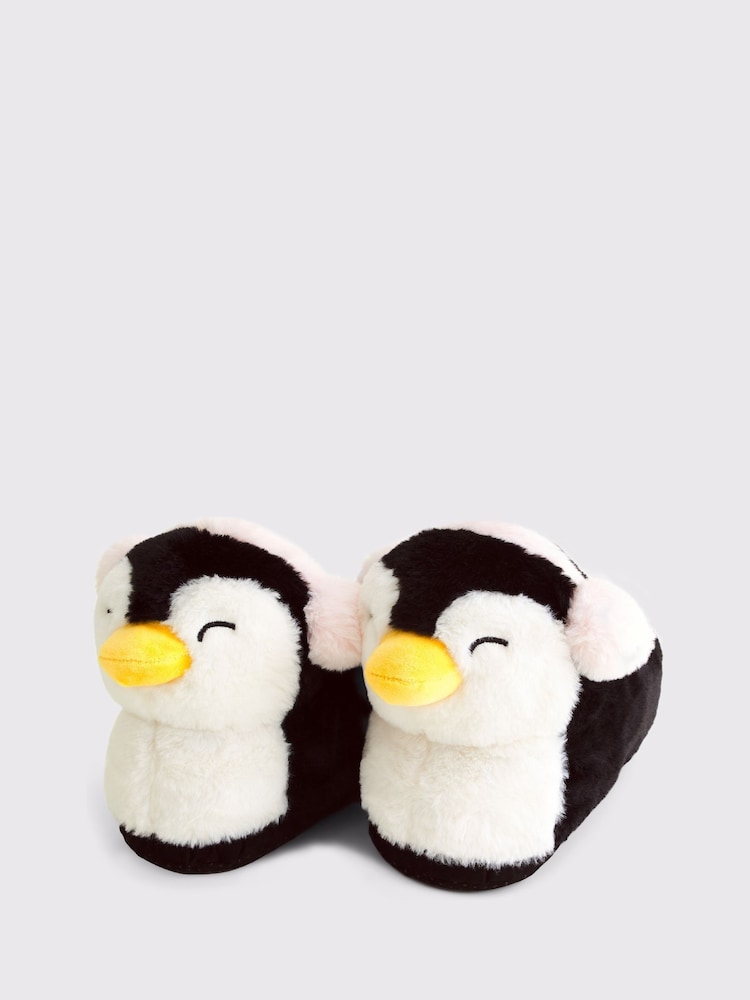 Abercrombie & Fitch Christmas Fluffy Penguin Black Slippers - Image 2 of 2