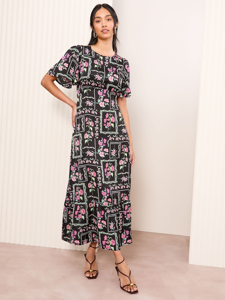 Friends Like These Black Satin Angel Sleeve Empire Midi Dress - Image 1 of 4
