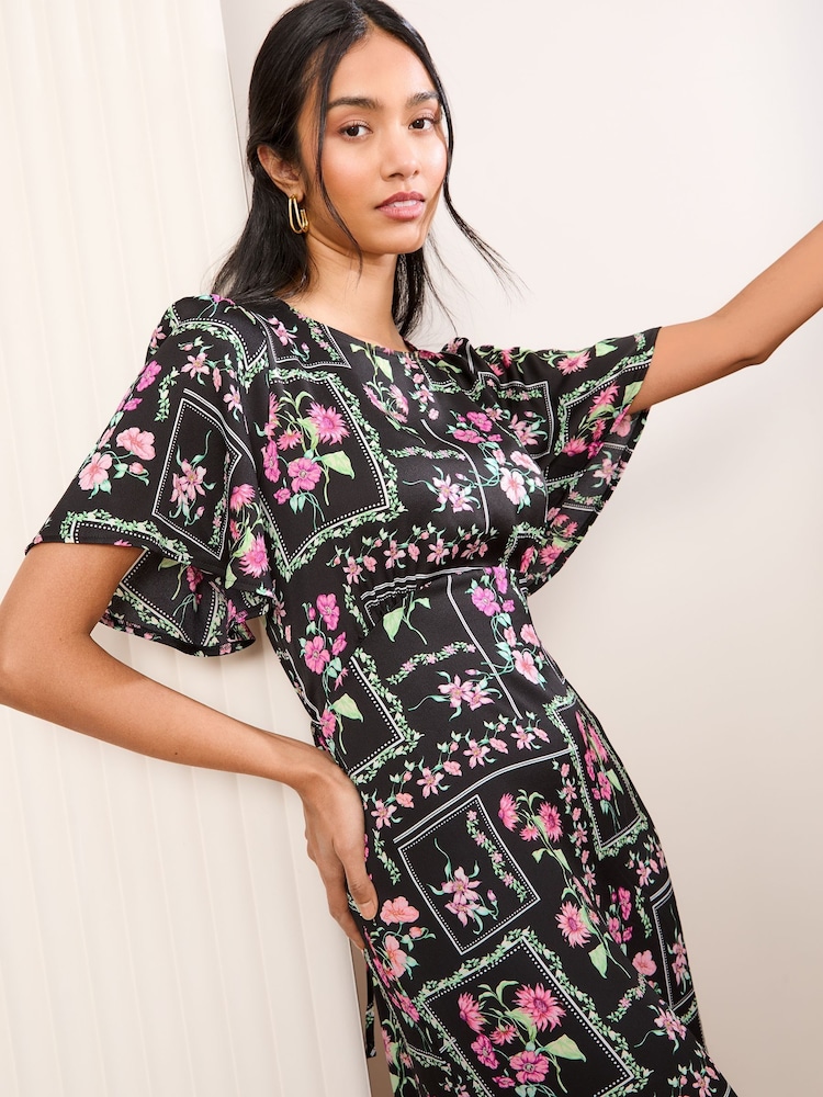 Friends Like These Black Satin Angel Sleeve Empire Midi Dress - Image 2 of 4