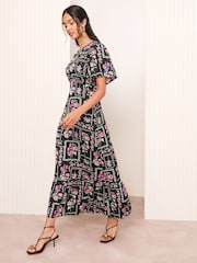 Friends Like These Black Satin Angel Sleeve Empire Midi Dress - Image 3 of 4