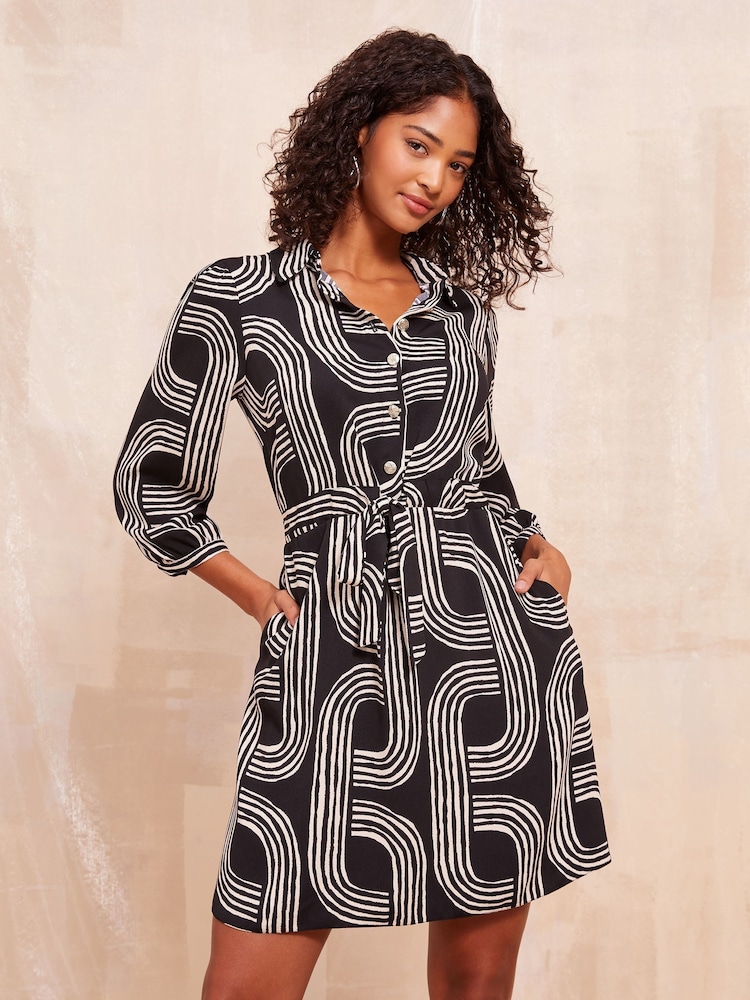 Zwart/wit - Friends Like These Long Sleeve Mini Shirt Dress - Image 3 of 4