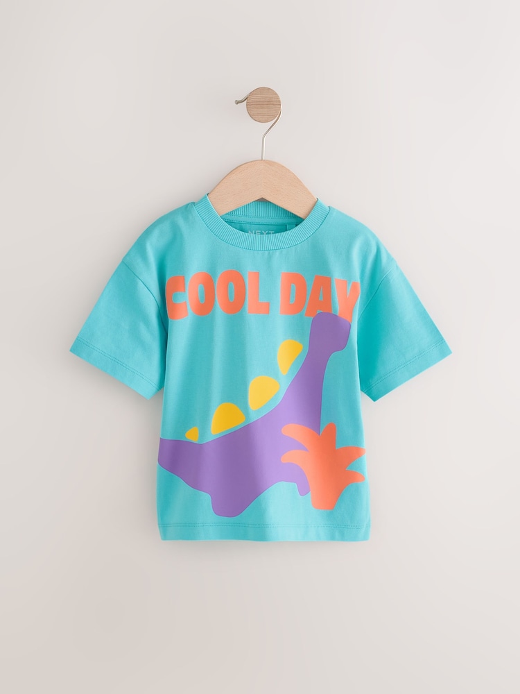 Turquoise Blue Dinosaur 100% Cotton Short Sleeve Graphic Print T-Shirt (3mths-8yrs) - Image 1 of 4