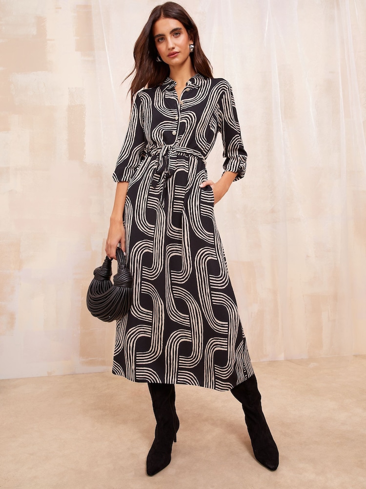Friends Like These Black/White Long Sleeve Midi Shirt Dress - Image 1 of 4