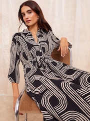 Friends Like These Black/White Long Sleeve Midi Shirt Dress - Image 2 of 4
