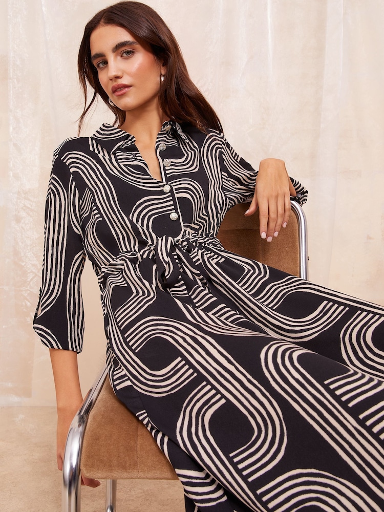 Friends Like These Black/White Long Sleeve Midi Shirt Dress - Image 2 of 4