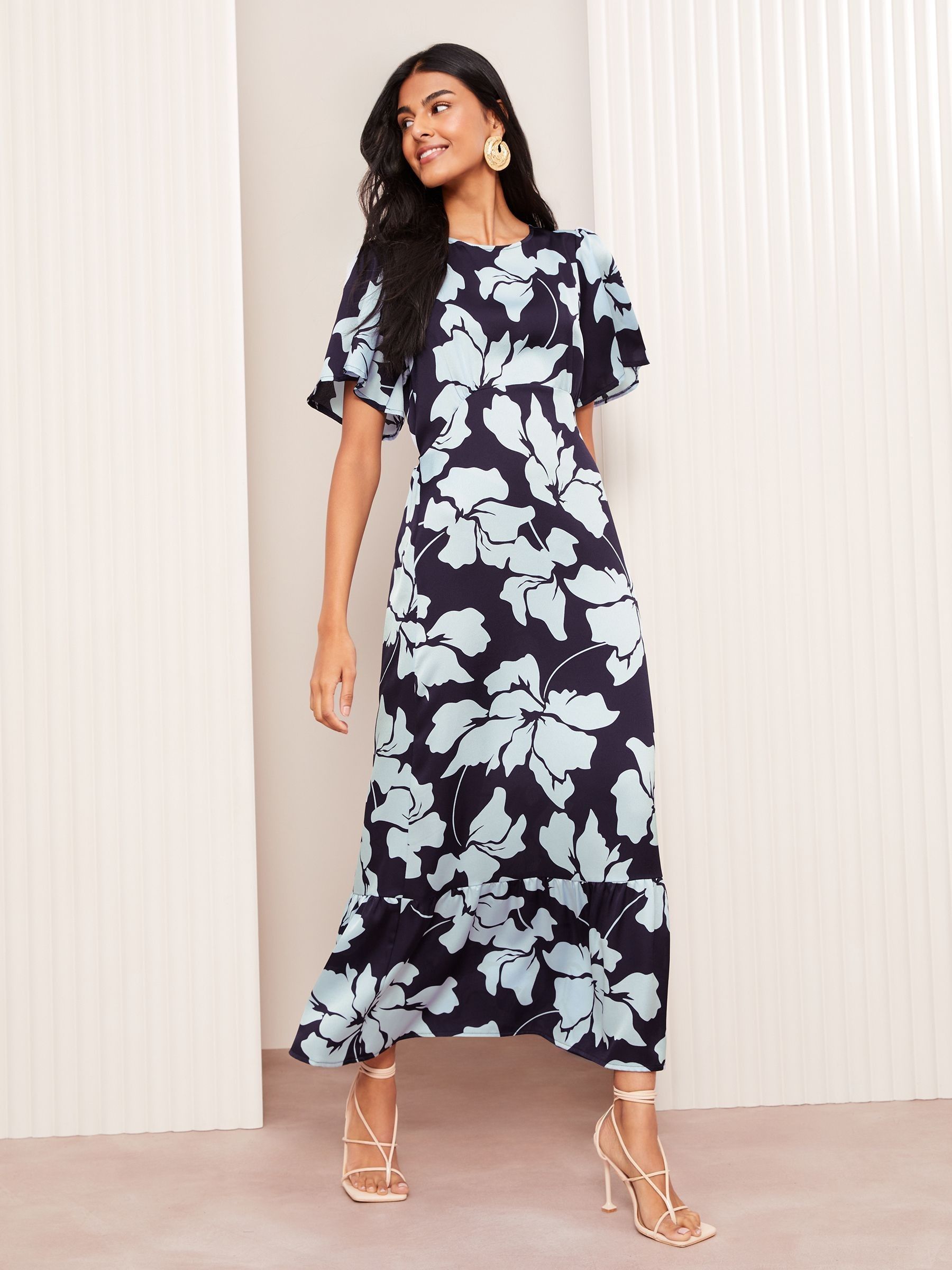 最新な Floral Blue Navy These Like Friends Buy Satin Sleeve Angel ワンピース