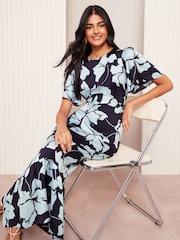 Friends Like These Navy Blue Floral Satin Angel Sleeve Empire Midi Dress - Image 3 of 5
