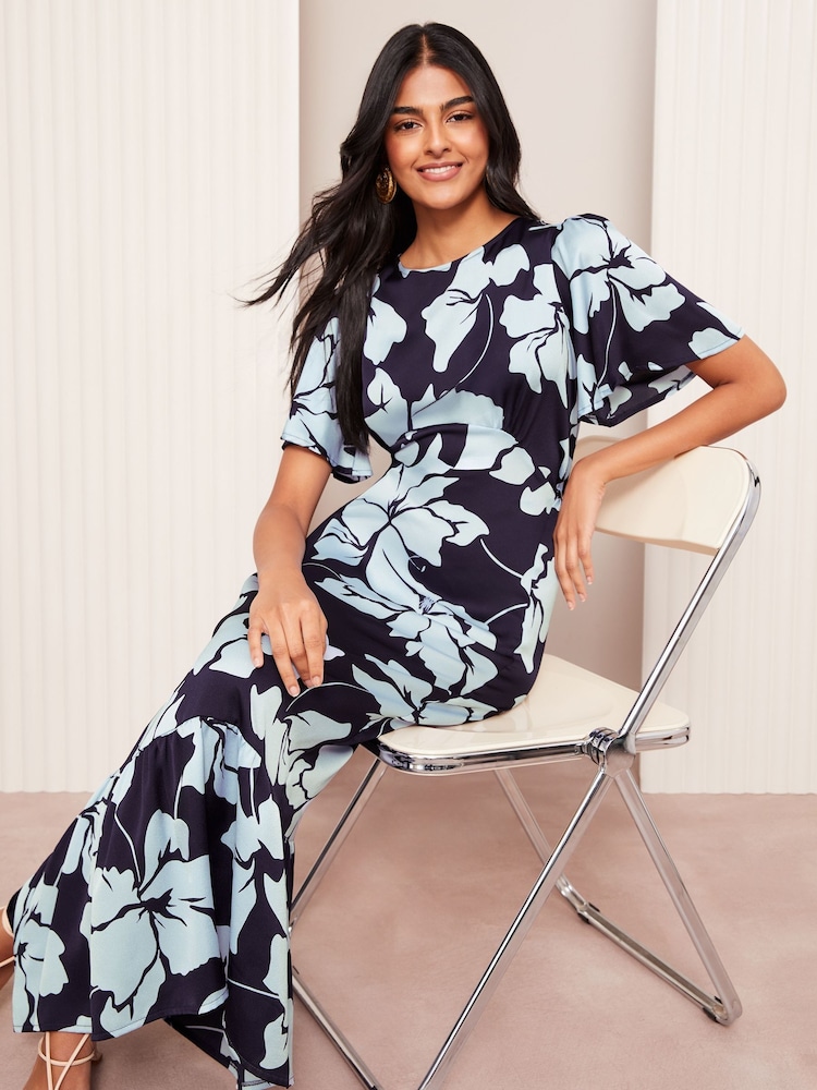 Friends Like These Navy Blue Floral Satin Angel Sleeve Empire Midi Dress - Image 3 of 5
