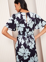 Friends Like These Navy Blue Floral Satin Angel Sleeve Empire Midi Dress - Image 4 of 5