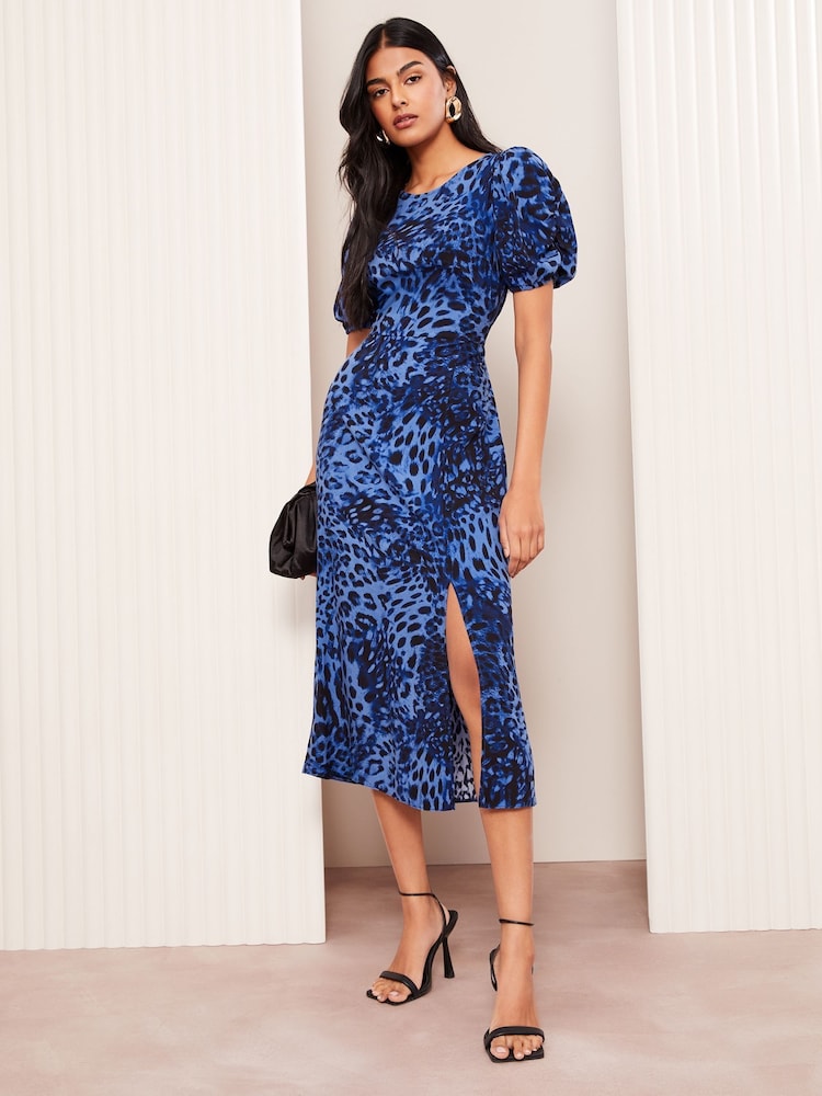 Friends Like These Blue Leopard Print Ruched Puff Sleeve Front Split Midi Dress - Image 1 of 4