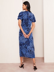 Friends Like These Blue Leopard Print Ruched Puff Sleeve Front Split Midi Dress - Image 4 of 4