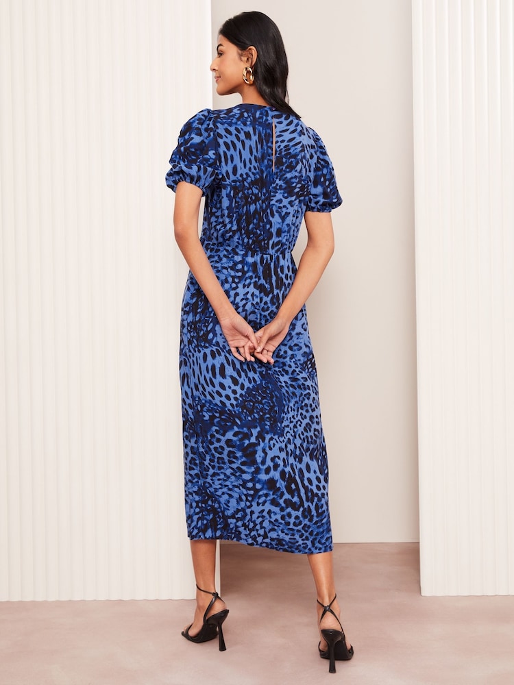 Friends Like These Blue Leopard Print Ruched Puff Sleeve Front Split Midi Dress - Image 4 of 4