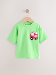 Green Fire Engine Short Sleeve Interactive Appliqué T-Shirt (3mths-7yrs) - Image 1 of 4