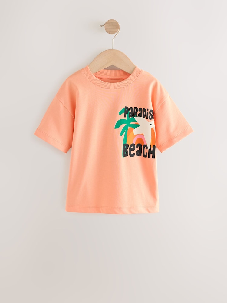 Peach Pink Paradise Beach 100% Cotton Short Sleeve Back Print T-Shirt (3mths-7yrs) - Image 2 of 5