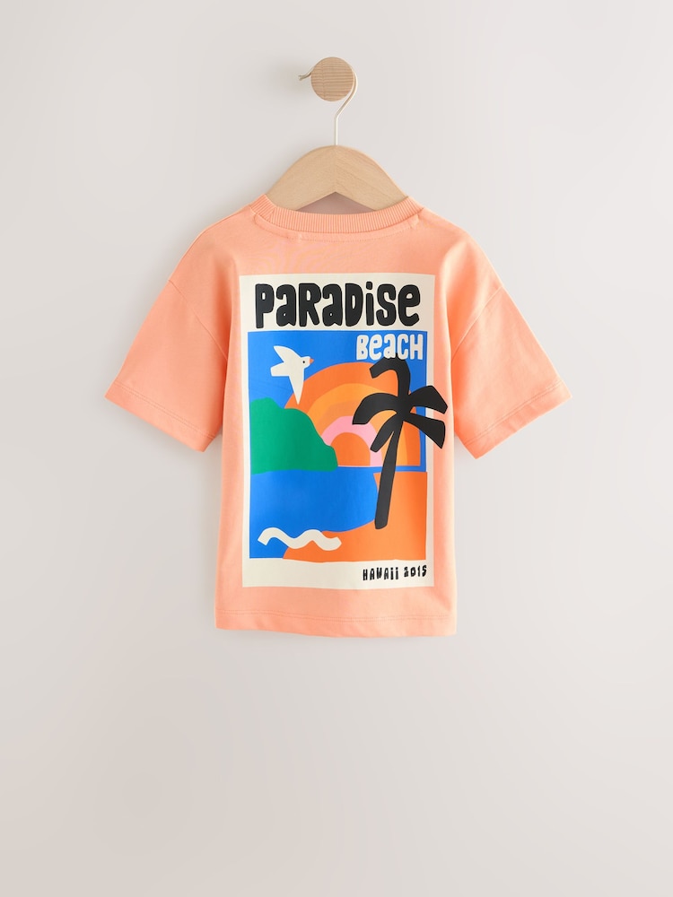 Peach Pink Paradise Beach 100% Cotton Short Sleeve Back Print T-Shirt (3mths-7yrs) - Image 3 of 5